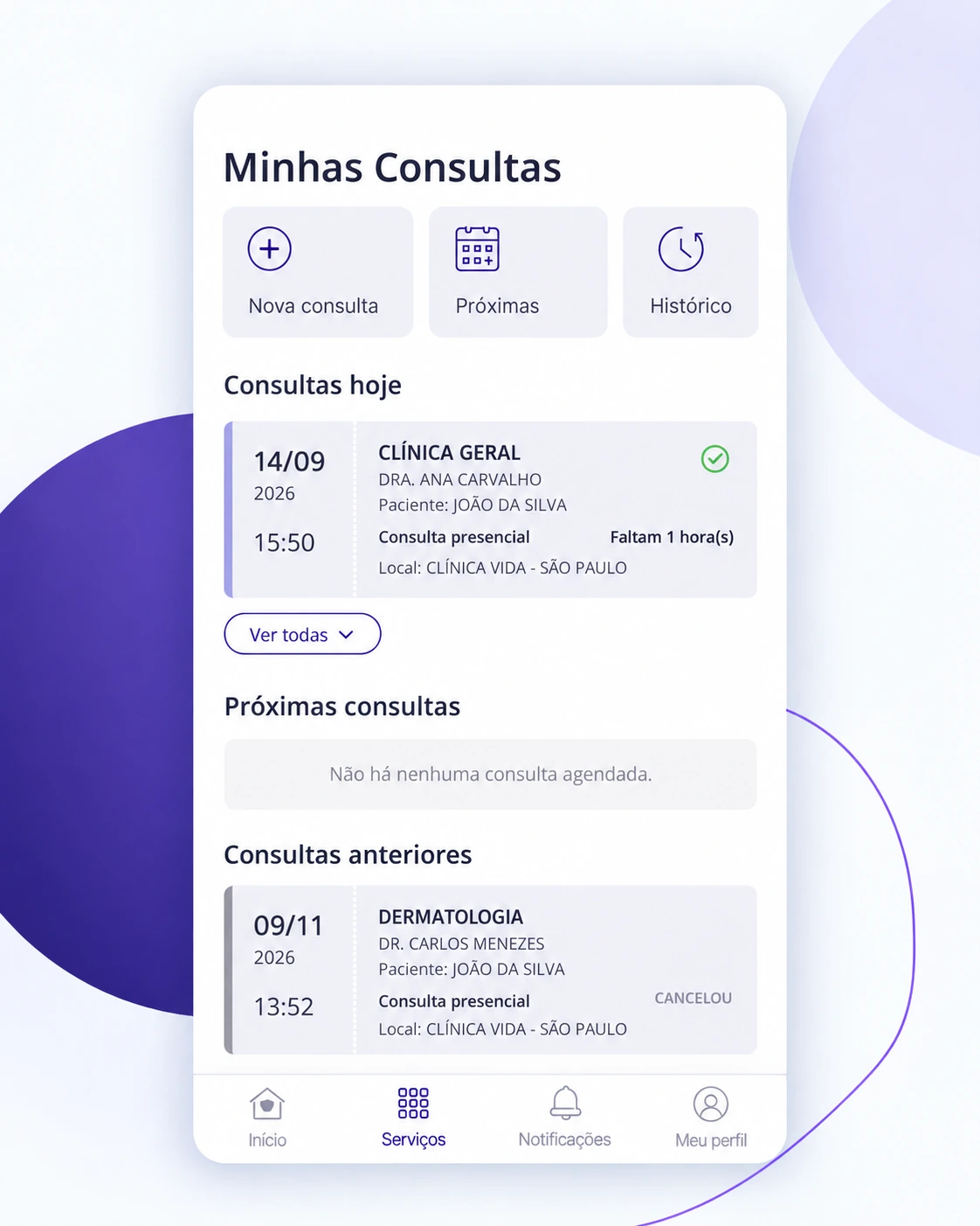 Tela principal de Minhas Consultas