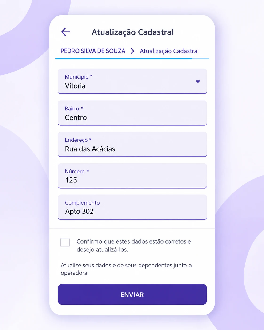 Tela principal de atualização cadastral