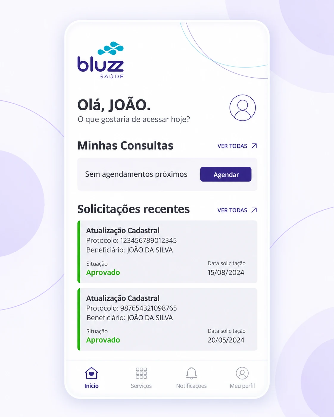 Tela inicial do app Bluzz Saúde