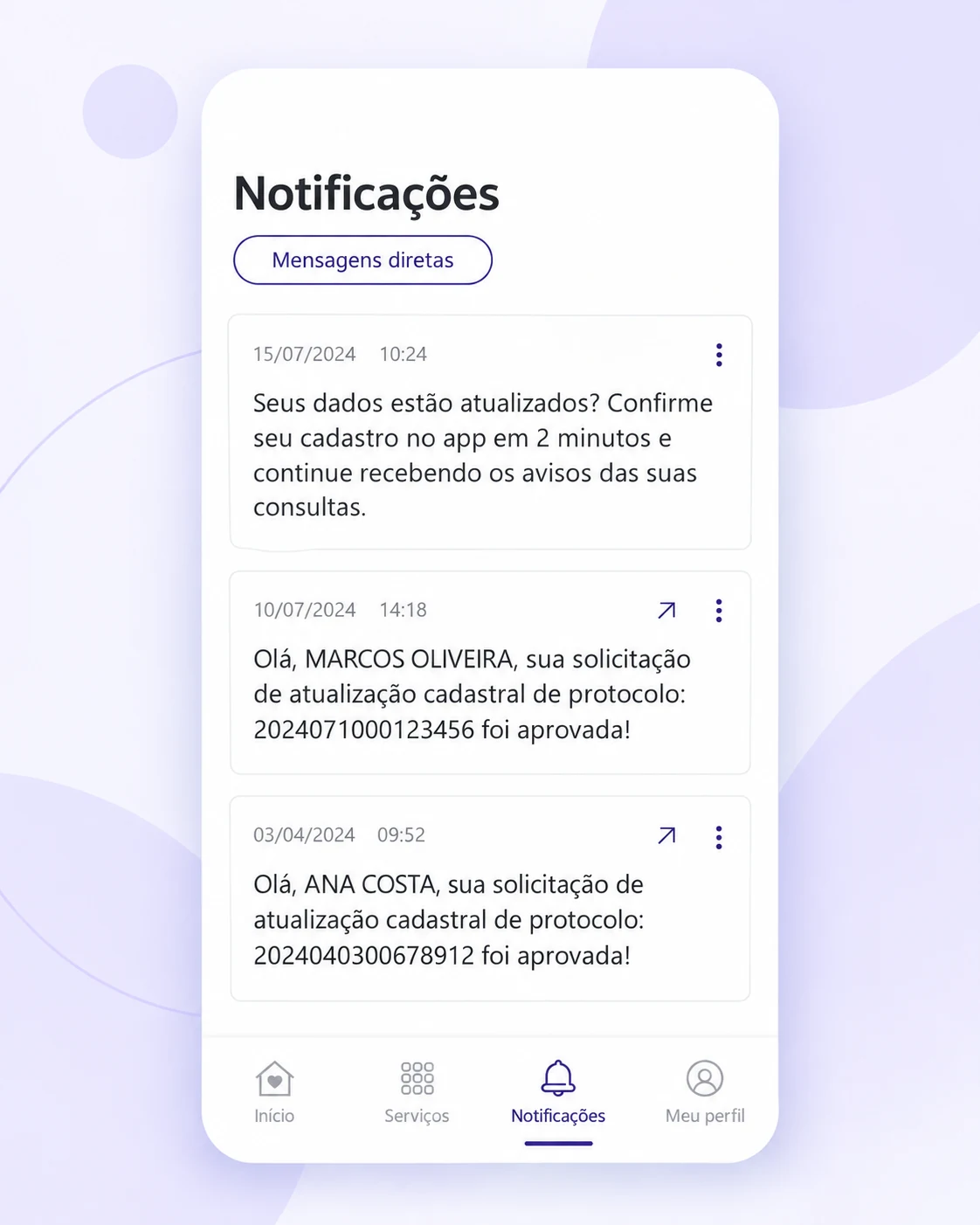 Central de notificações do aplicativo