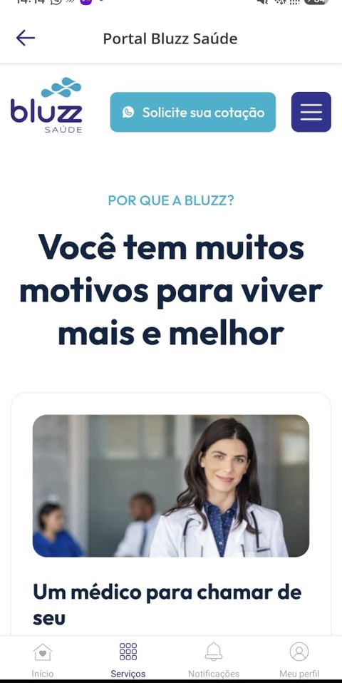 Portal Bluzz Saúde aberto dentro do app