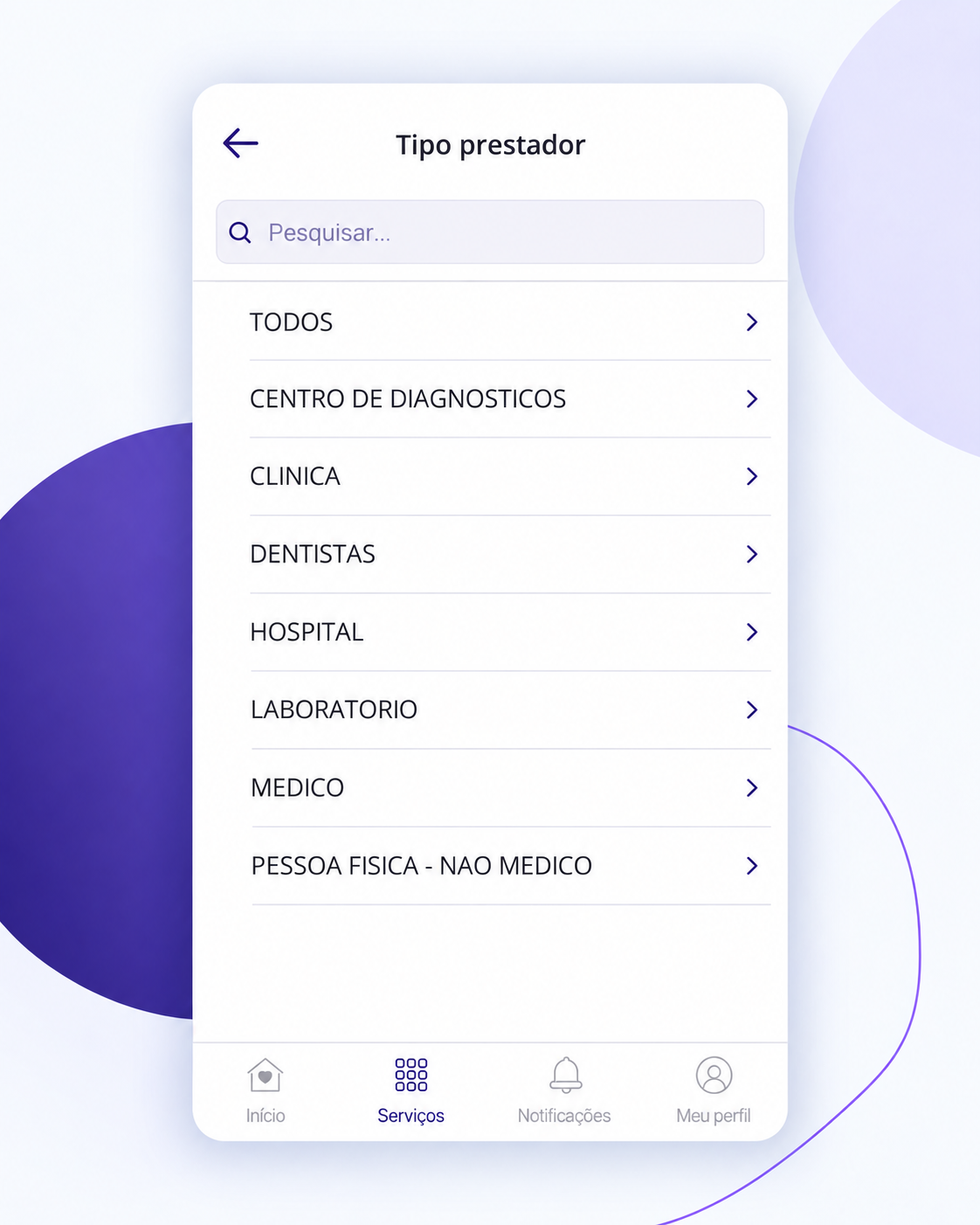 Rede Credenciada: Selecione o tipo de prestador