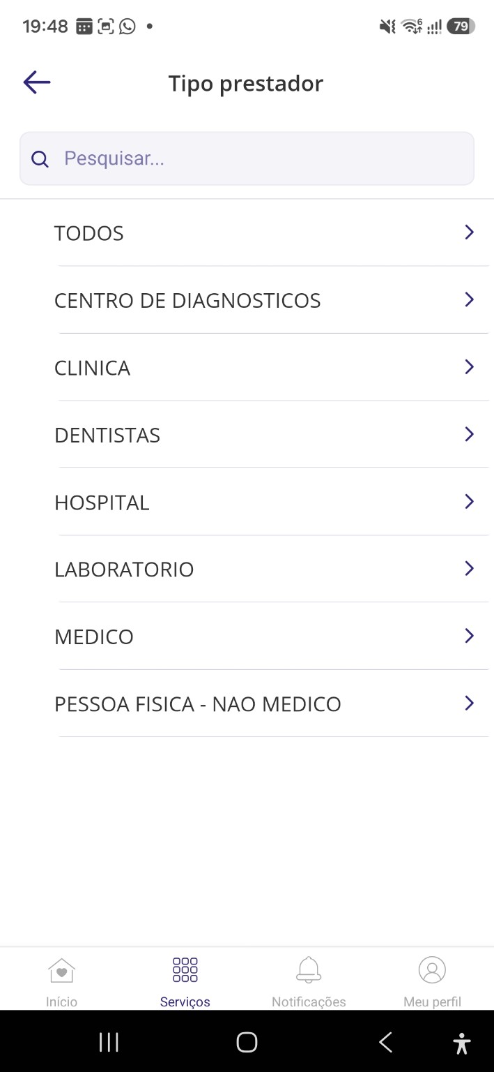 Rede Credenciada: Selecione o tipo de prestador
