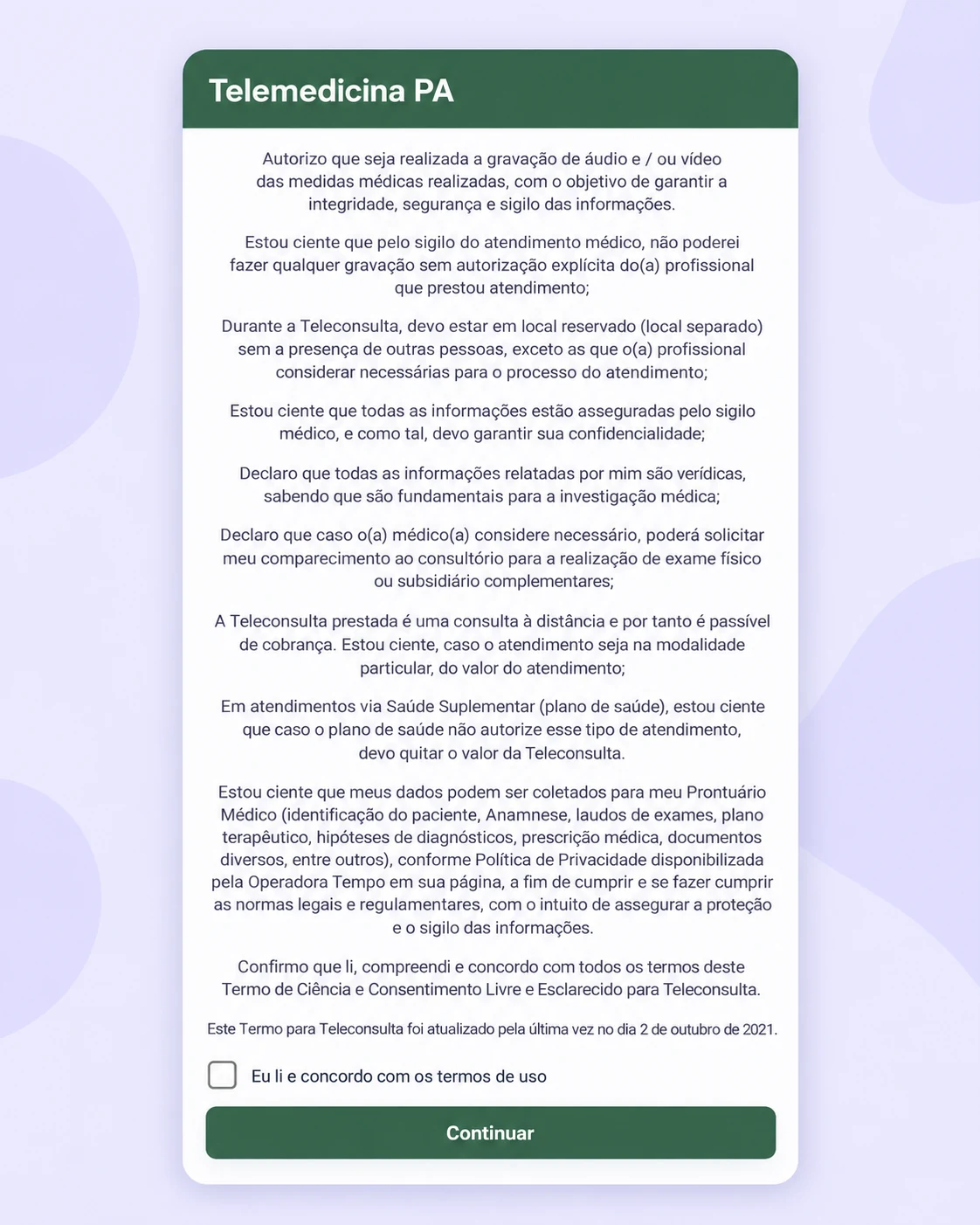 Aceite do termo de teleconsulta
