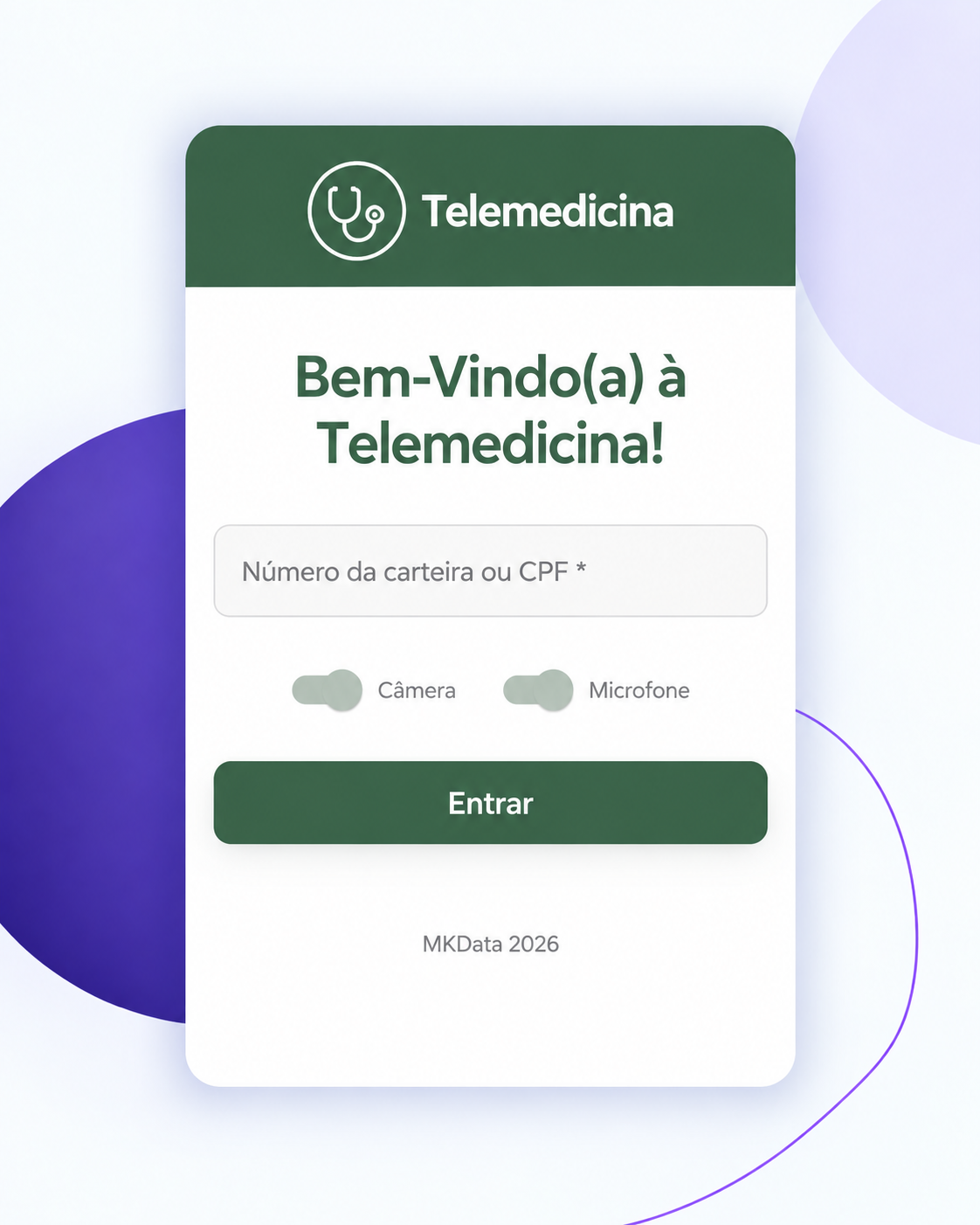 Tela de boas-vindas à Telemedicina com campo de carteirinha ou CPF